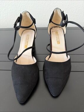 Black Suede Pointed Toe Ankle Strap Heels